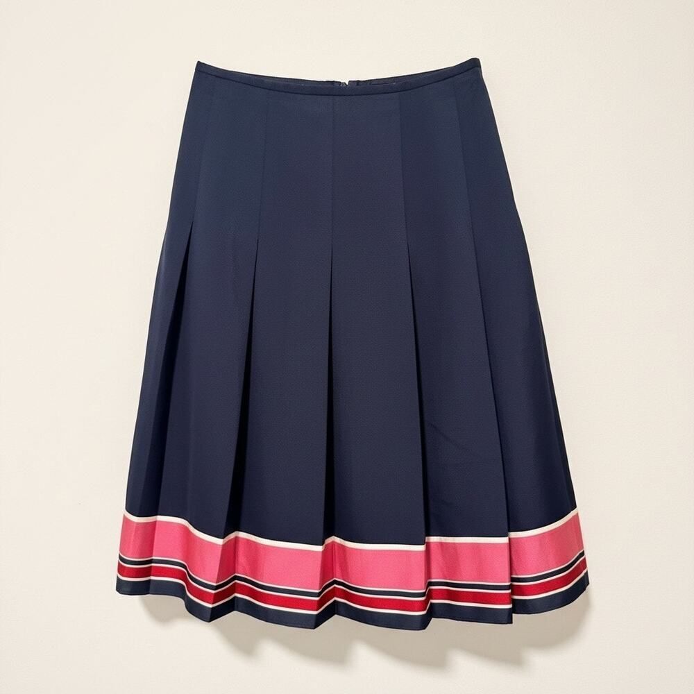 ICB Navy Pleated Skirt Stripe Hem Size 2 - Picture 2 of 6